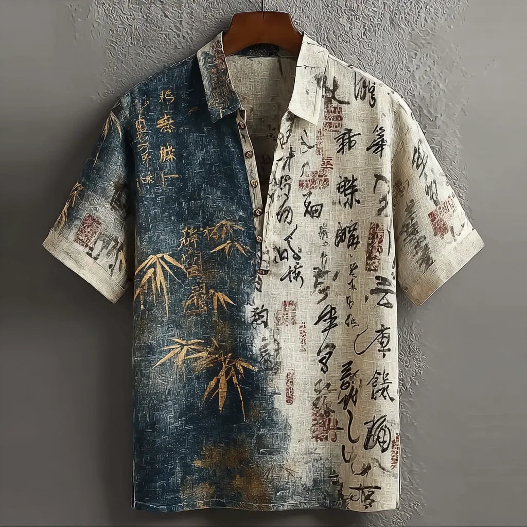 Chinese Calligraphy Shirt for Men – Vintage Bamboo Art Two-Tone Button-Up