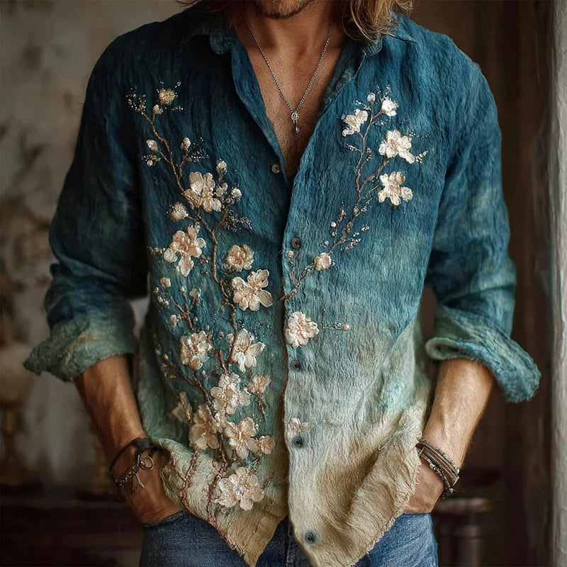 Men’s Teal Floral Shirt – Vintage Ombre Long Sleeve Button-Up