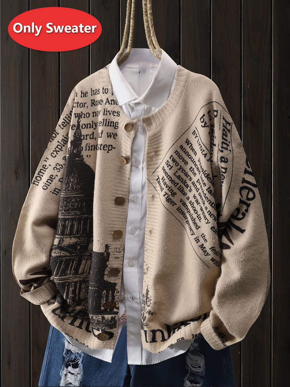 Vintage Newspaper Print Cardigan Sweater – Beige Button-Up Knitwear
