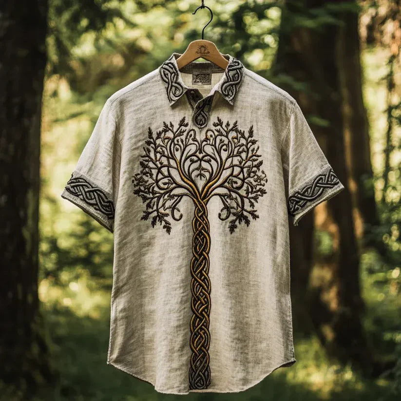 Celtic Tree of Life Shirt – Vintage Beige Embroidered Boho Graphic Top