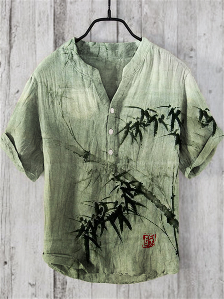 Men's Band Collar Shirt – Bamboo Print, Short Sleeve