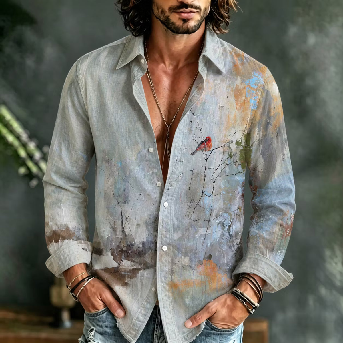 Men's Long Sleeve Shirt – Abstract Bird Print, Button-Down