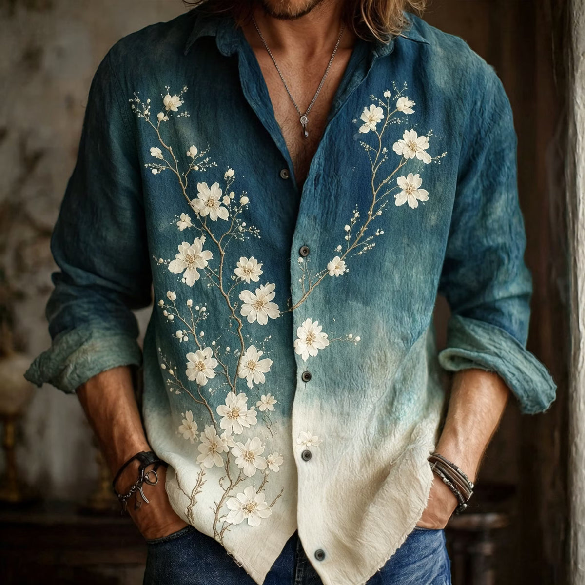 Men's Button-Down Shirt – Ombre Floral Print, Long Sleeve