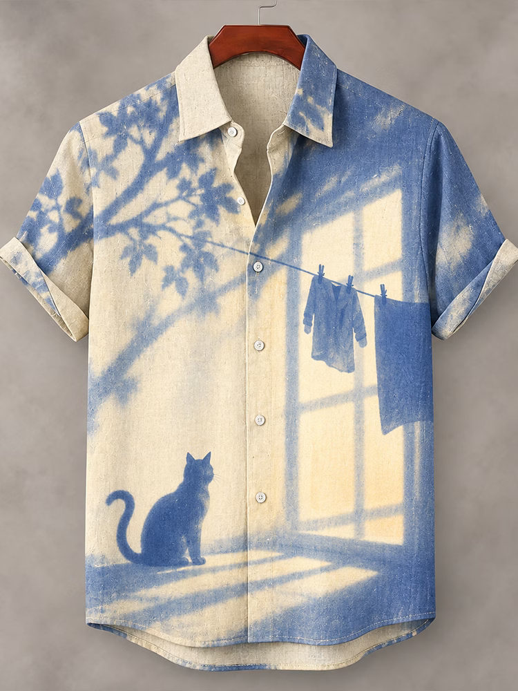Men's Button-Up Shirt – Cat & Window Print, Short Sleeve