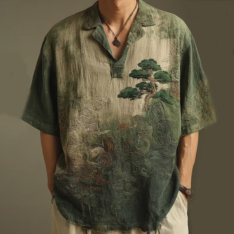 Men's Linen Blend Shirt – Embroidered Tree Design, Short Sleeve
