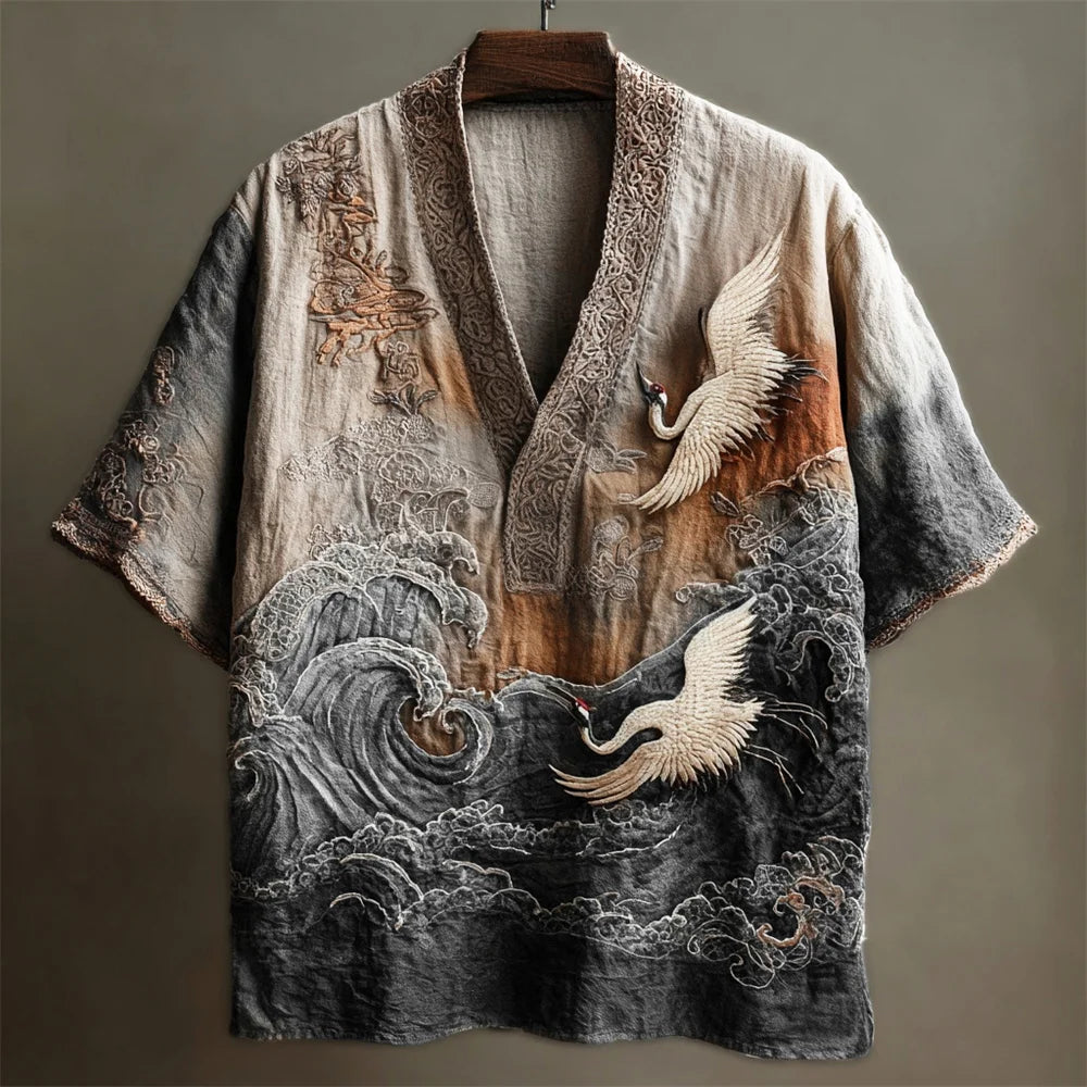 Men's Kimono Shirt – Crane & Wave Embroidery, V-Neck