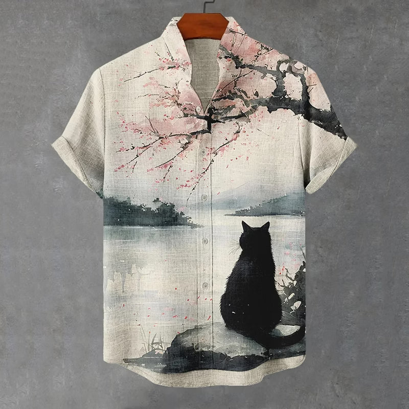 Men's Short Sleeve Shirt – Cat & Cherry Blossom Print