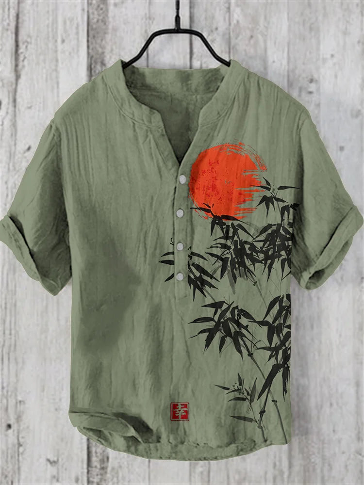 Men's Casual Shirt – Bamboo Print, Stand Collar