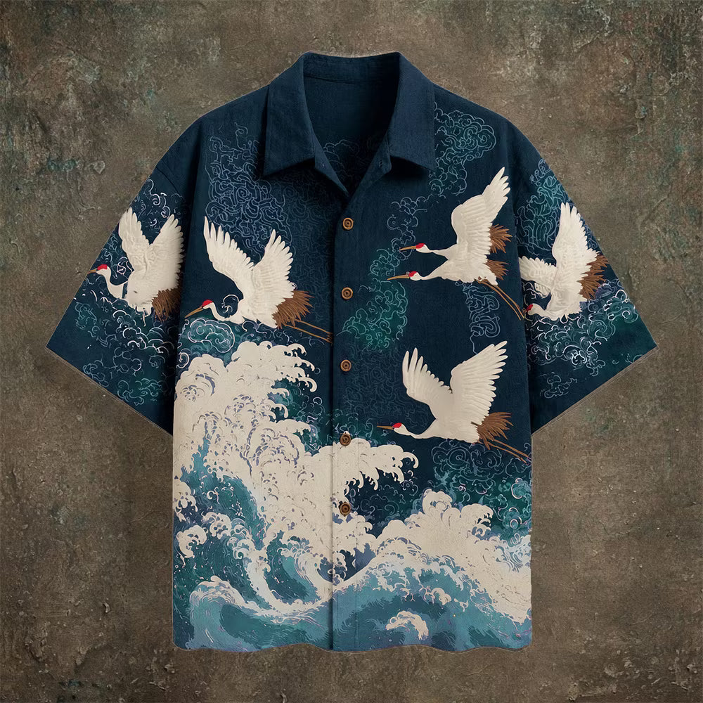 Men's Short Sleeve Shirt – Crane & Wave Print, Button-Up