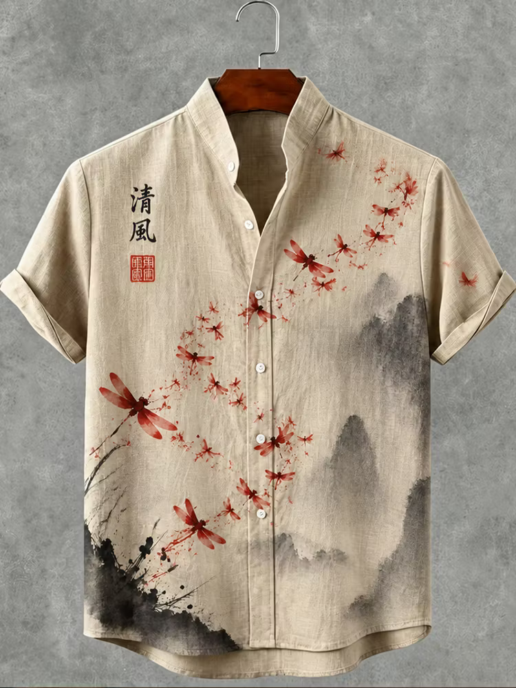 Men's Shirt – Mandarin Collar, Dragonfly Print