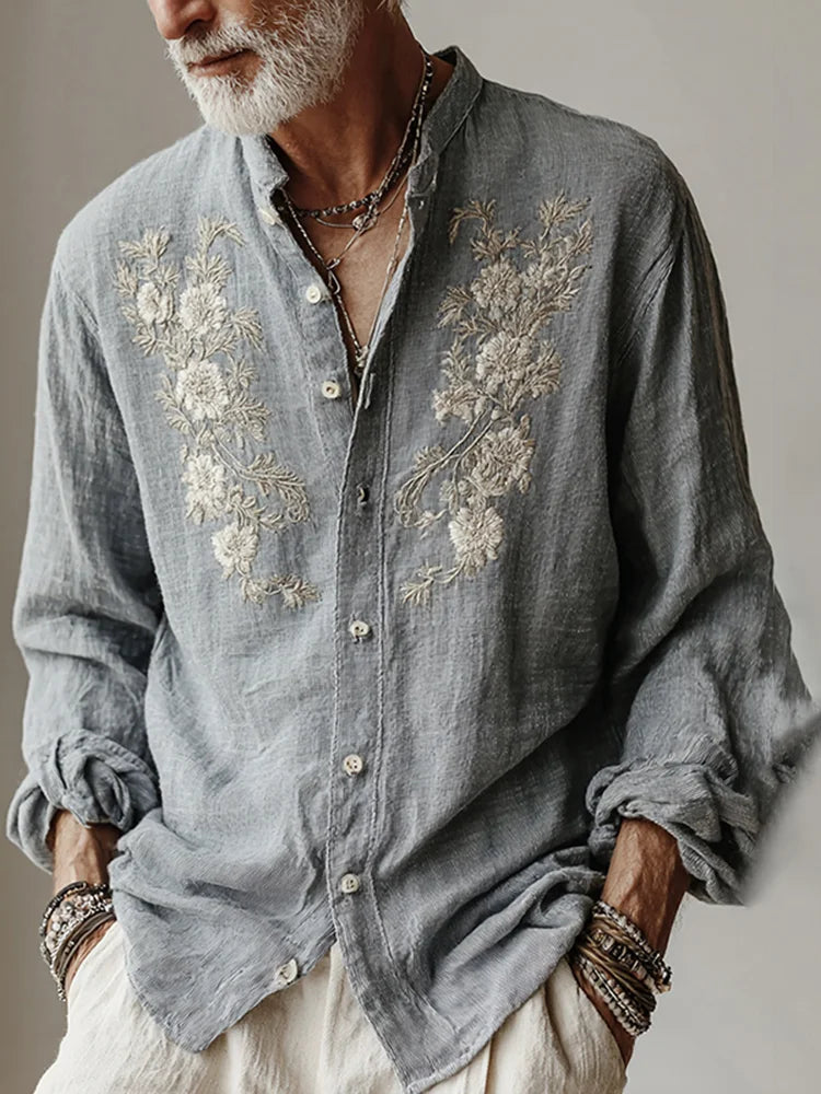 Men's Shirt – Embroidered Floral, Band Collar