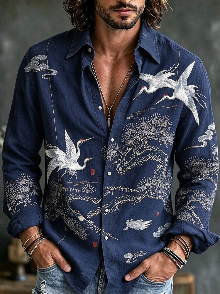 Men's Button-Up Shirt – Crane & Pine Print, Long Sleeve