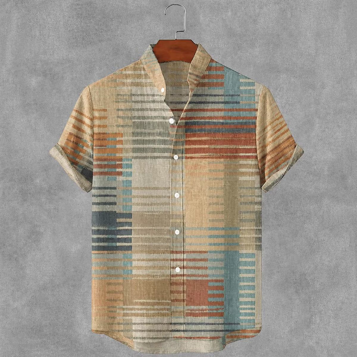Men's Short Sleeve Shirt – Abstract Striped Pattern, Band Collar