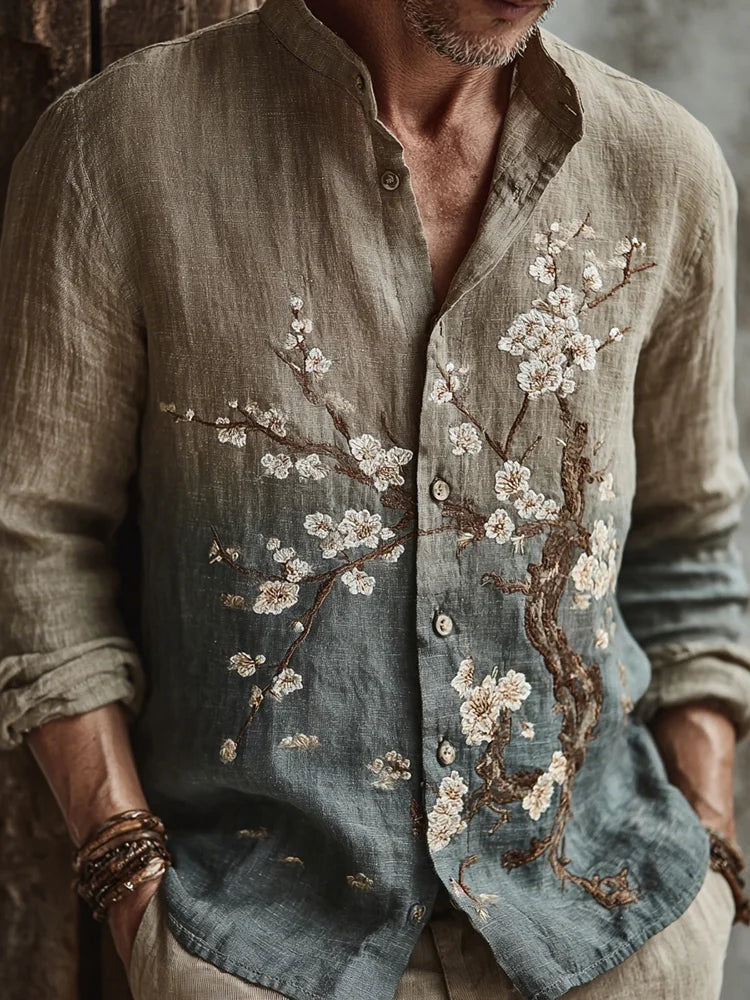 Men's Band Collar Shirt – Embroidered Floral, Linen Blend