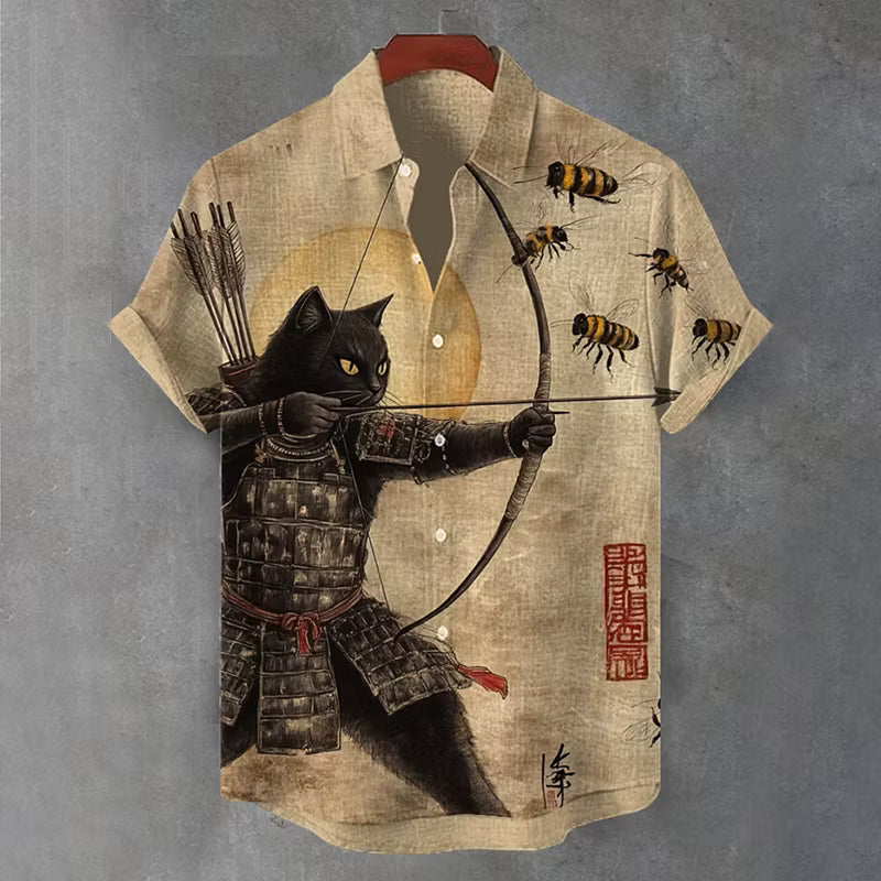 Casual Button-Up Shirt – Samurai Cat & Bees Print