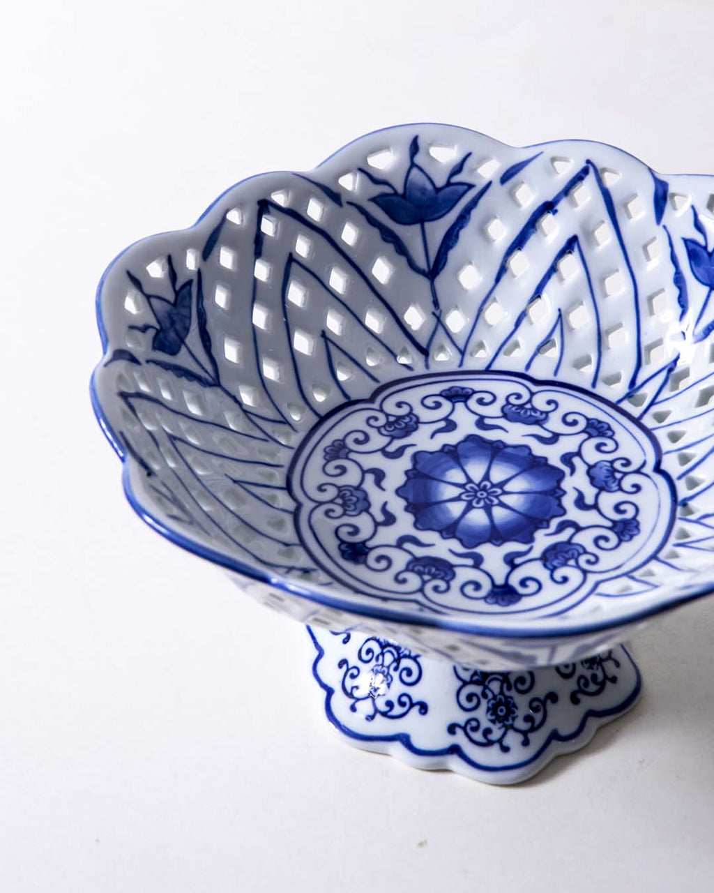 Traditional Blue & White Hand-Painted Footed Bowl