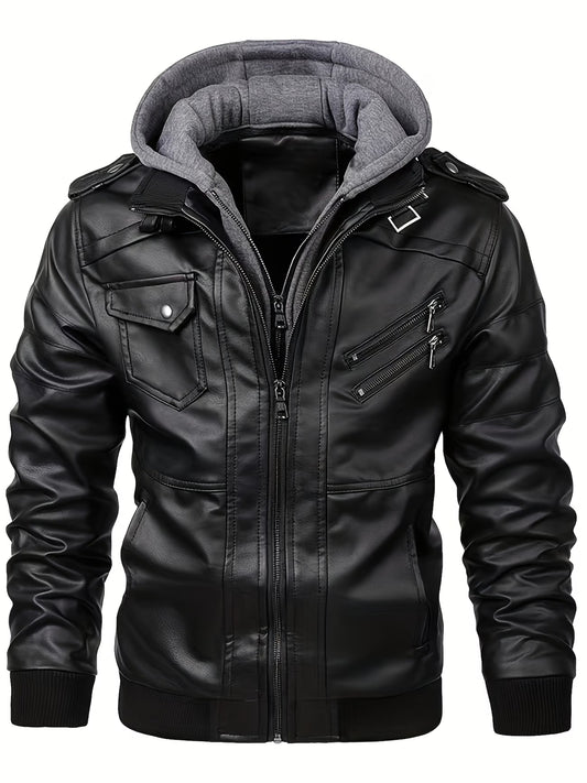 Men's Black Leather Hooded Jacket – Biker Style
