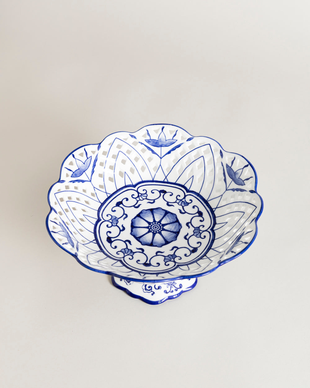 Traditional Blue & White Hand-Painted Footed Bowl