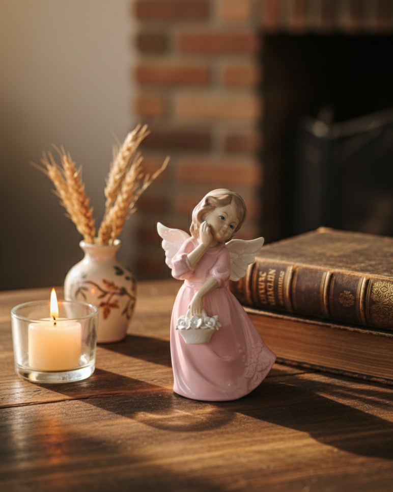 Blush Angel with Flower Basket - Fine Porcelain Figurine