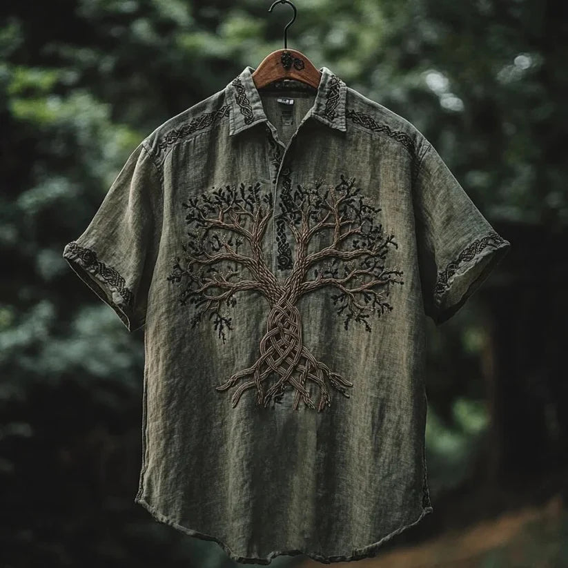 Celtic Tree of Life Shirt – Vintage Olive Green Button-Up Graphic Top