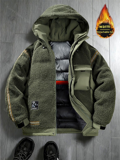 Men's Black Sherpa Fleece Jacket with Detachable Hood – Winter Streetwear