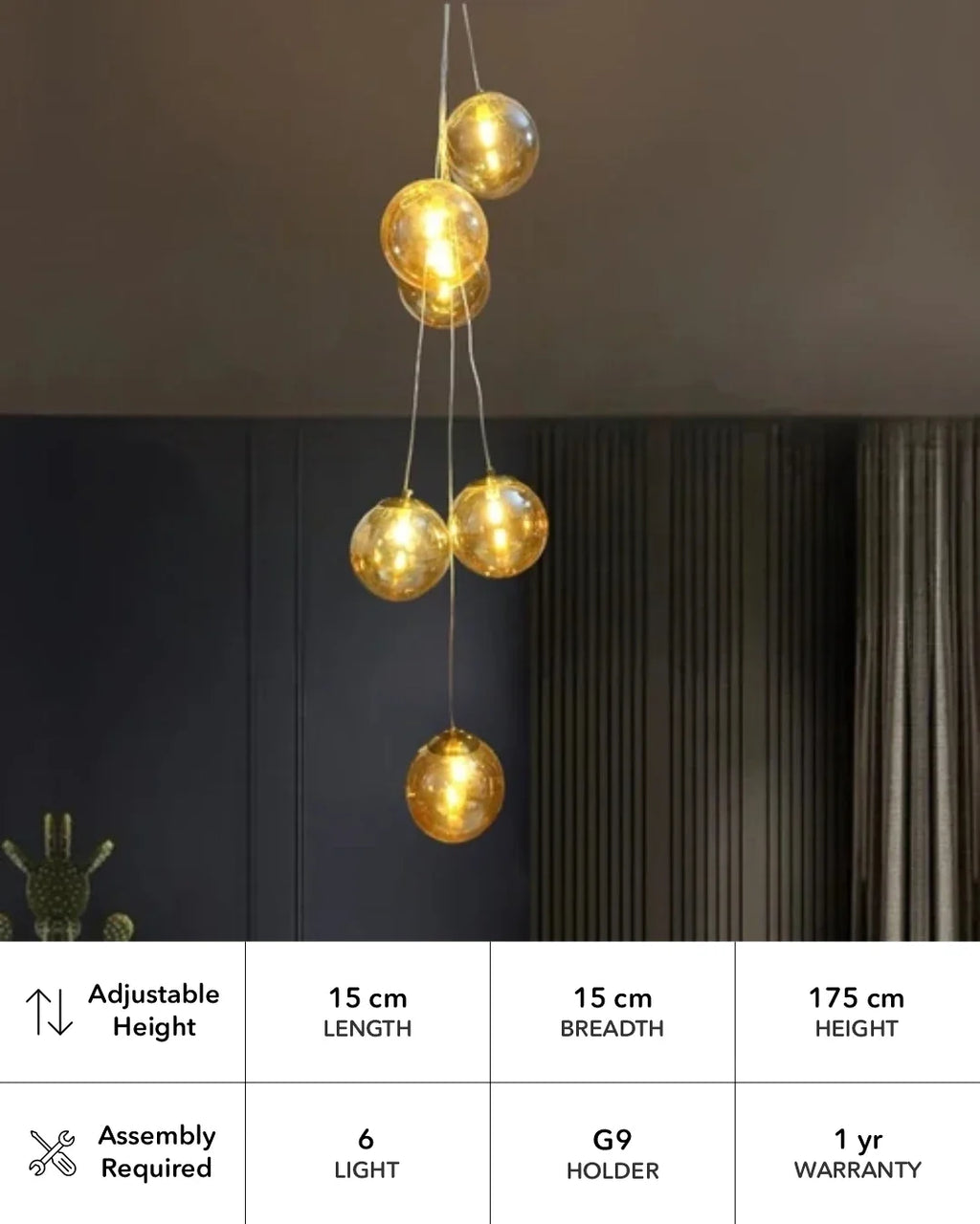 Amber Glass Globe Modern Chandelier - 5 Lights