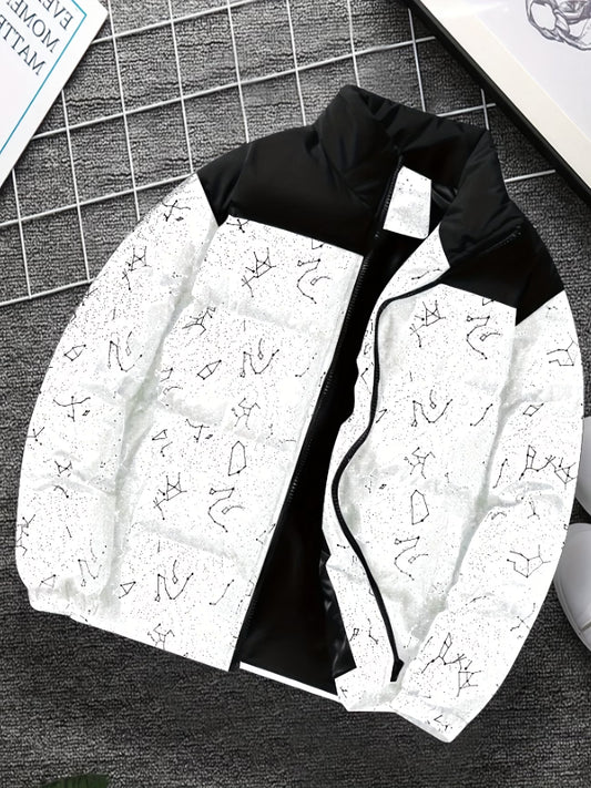 White & Black Abstract Print Zip-Up Jacket – Minimalist Streetwear