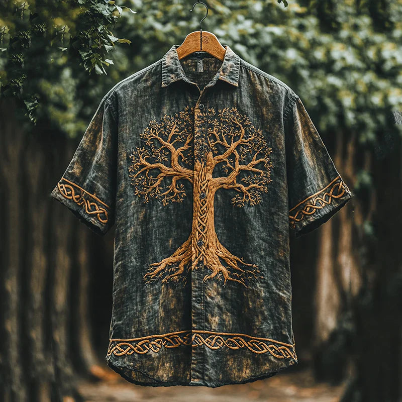 Celtic Tree of Life Shirt – Vintage Black Button-Up with Golden Tree Graphic