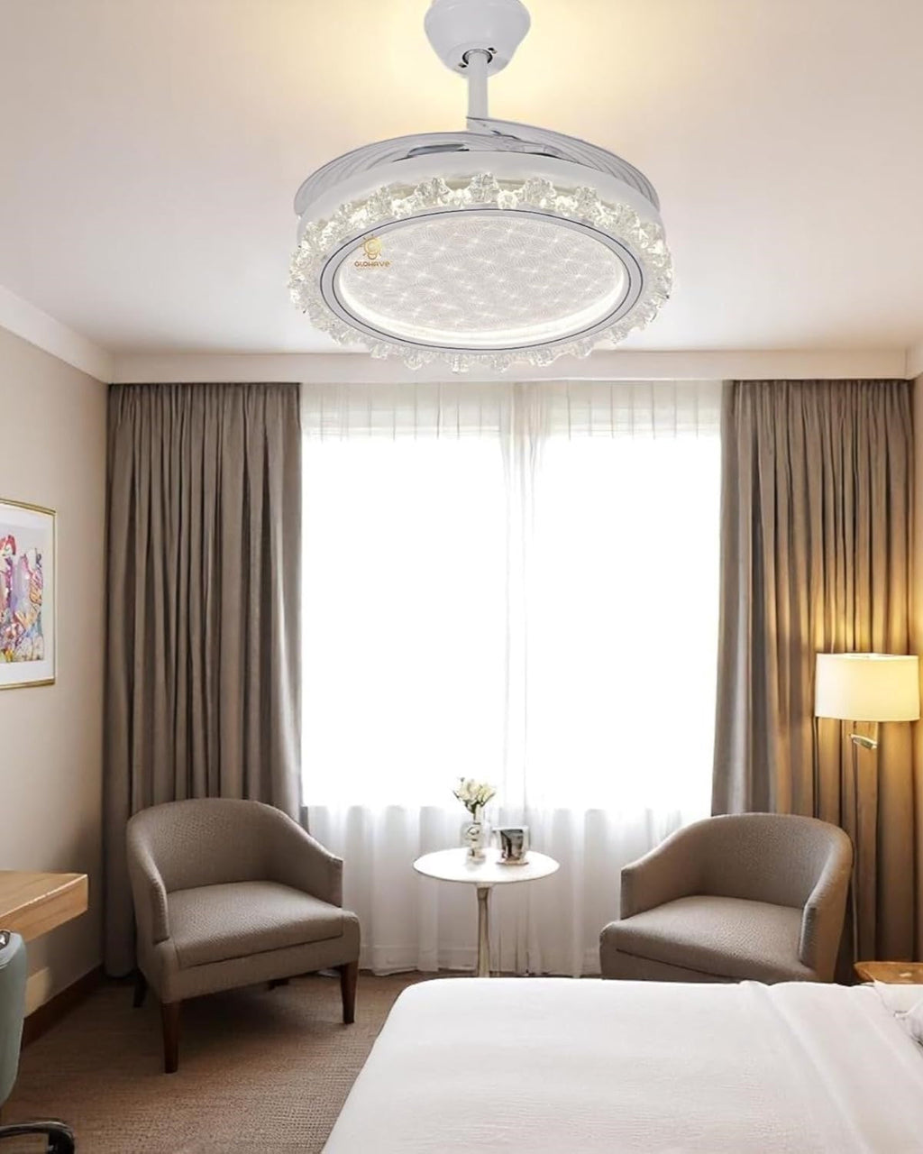 Crystal Crown Retractable Blade LED Fan Chandelier