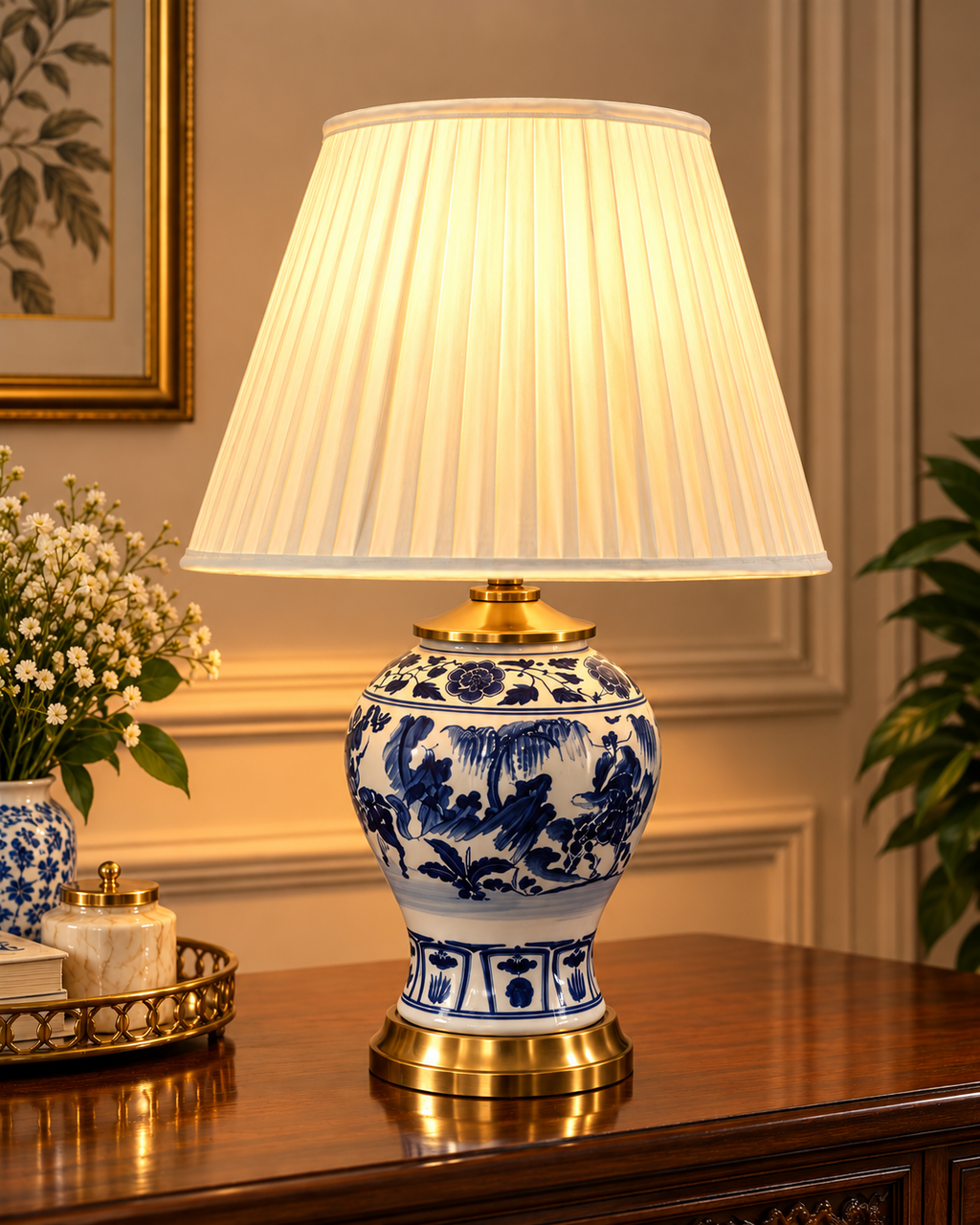 Blue and White Floral Ceramic Table Lamp