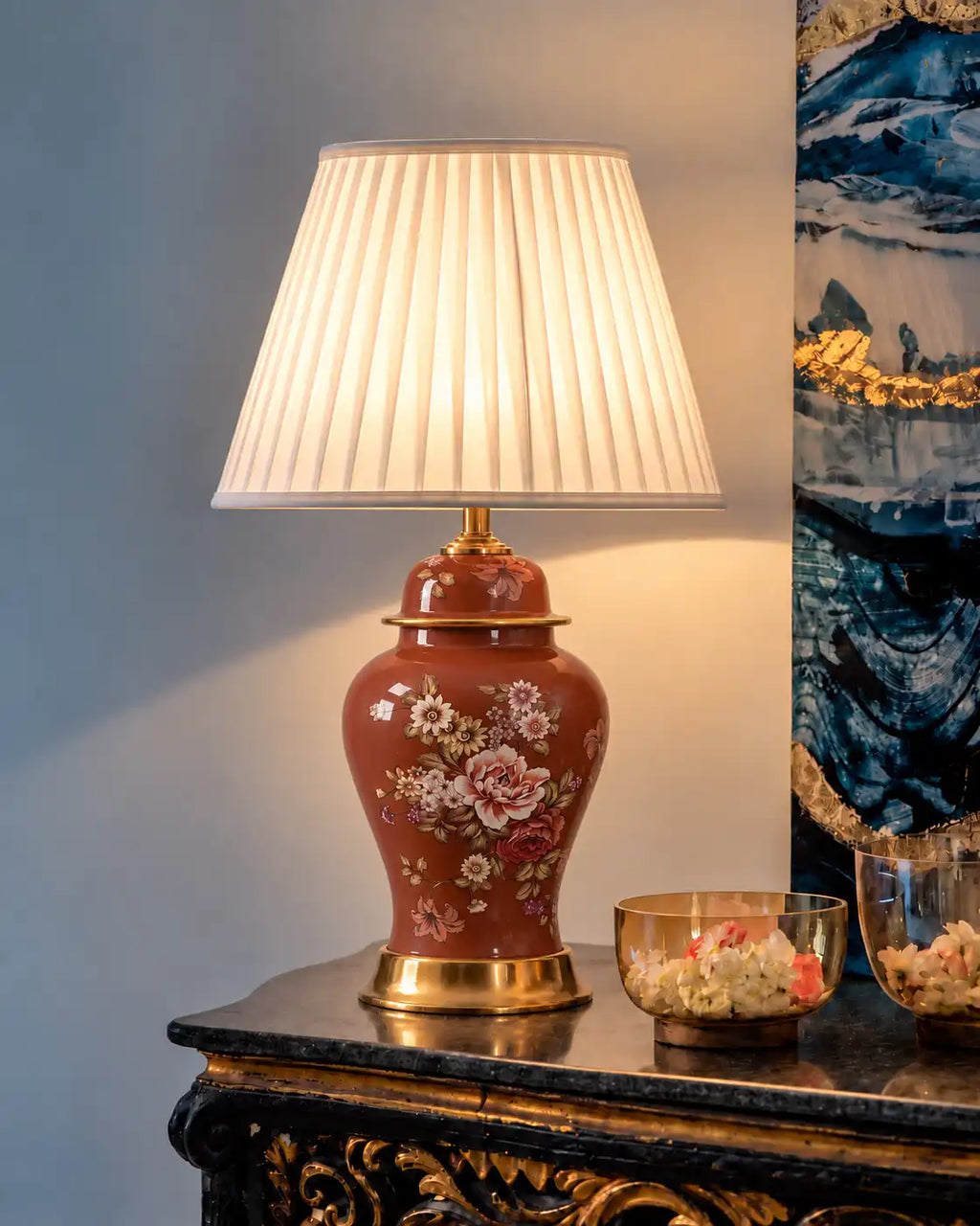 Crimson Blossom Hand Painted Table Lamp