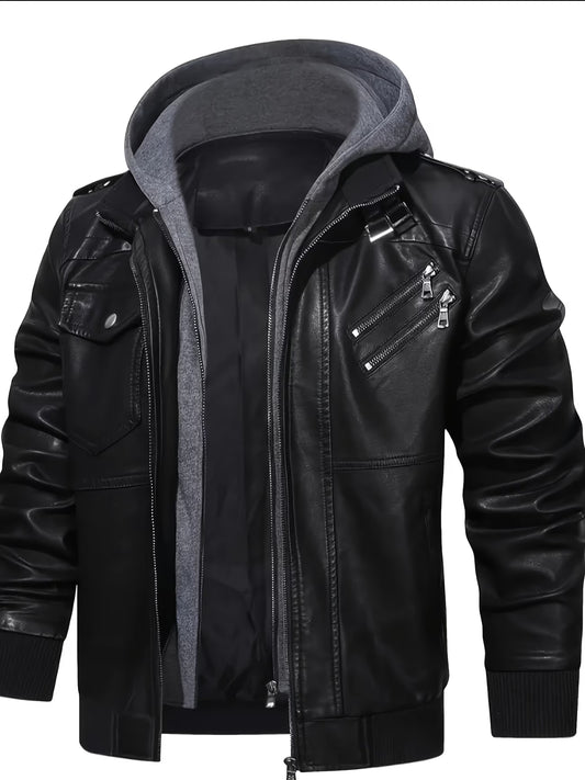 Men's Black Faux Leather Jacket with Grey Hood