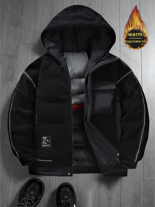 Men's Black Sherpa Fleece Jacket with Detachable Hood – Winter Streetwear