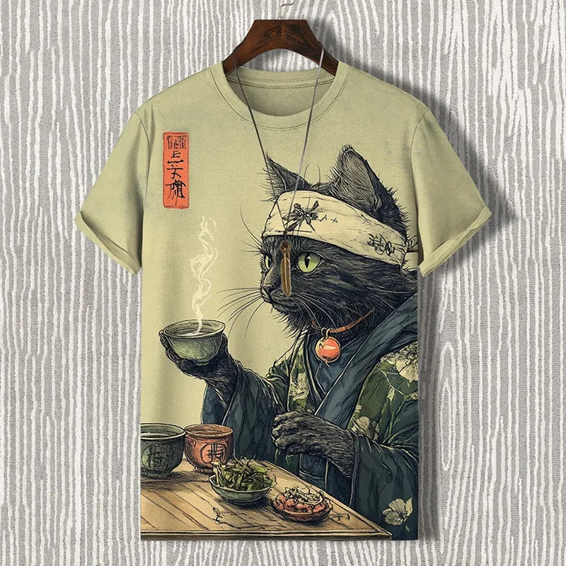 Graphic T-Shirt – Japanese Cat Art Print, Short Sleeve