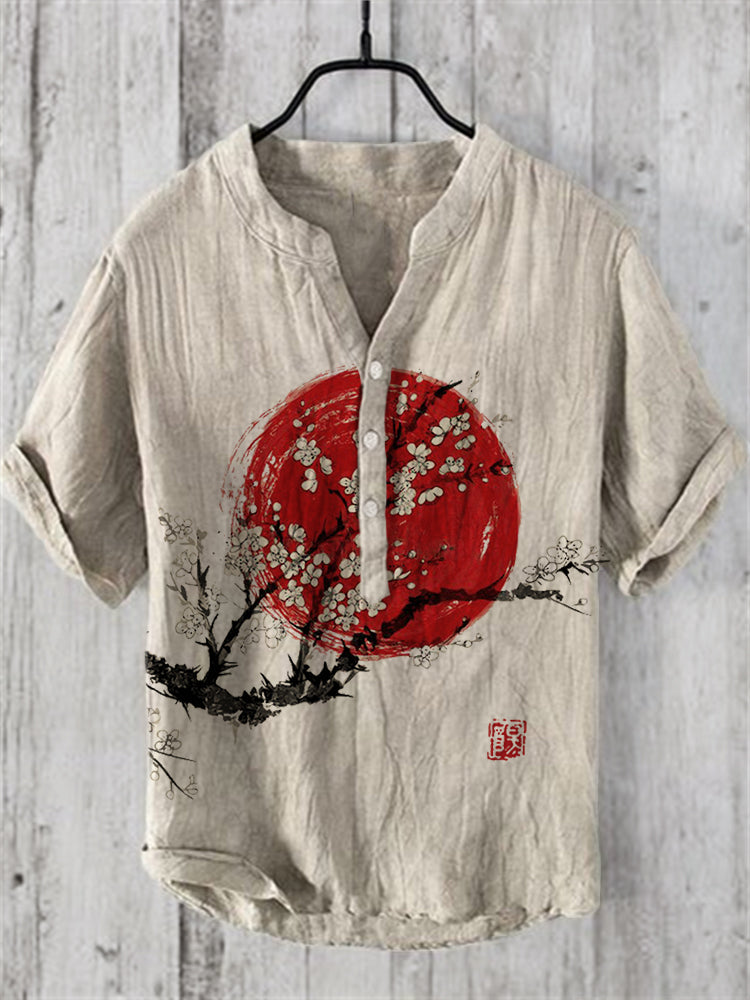 Men's Casual Shirt – Cherry Blossom Print, Band Collar