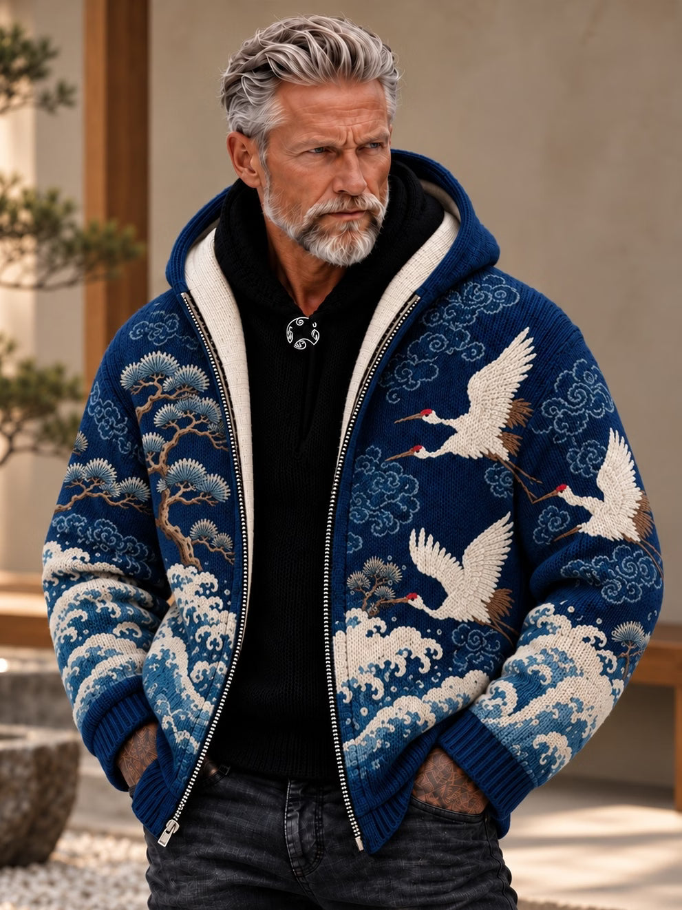 Men's Hooded Cardigan – Japanese Crane & Wave Knit