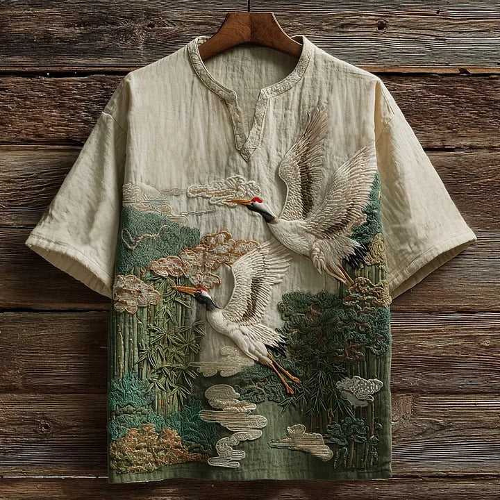 Japanese Crane Embroidered Graphic Shirt – Vintage Sage Green & Cream Streetwear