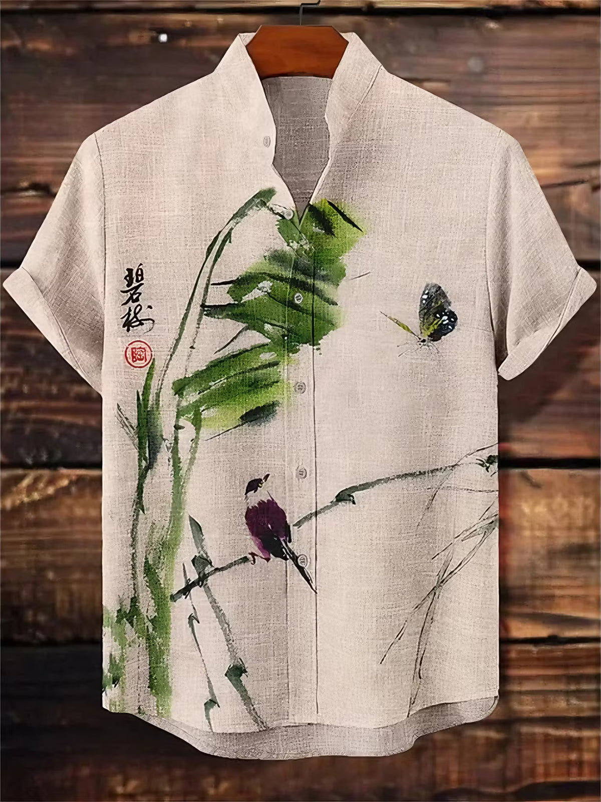 Men's Short Sleeve Shirt – Nature Print, Stand Collar