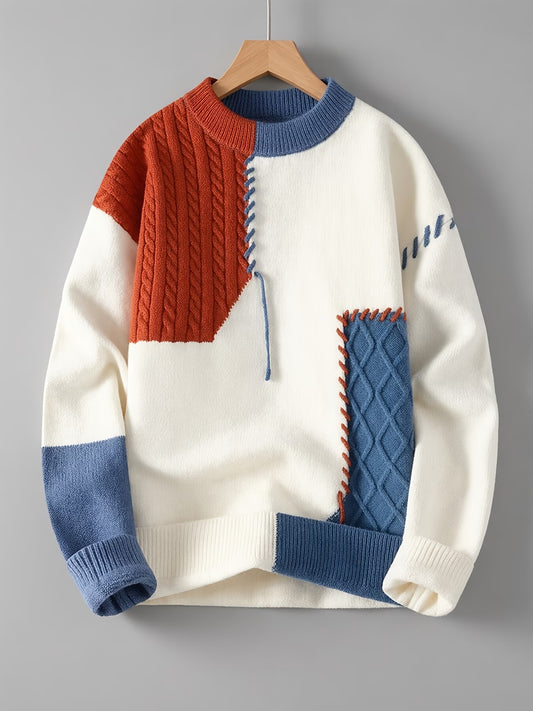 Color Block Knit Sweater – Cream, Blue & Rust Patchwork Pullover