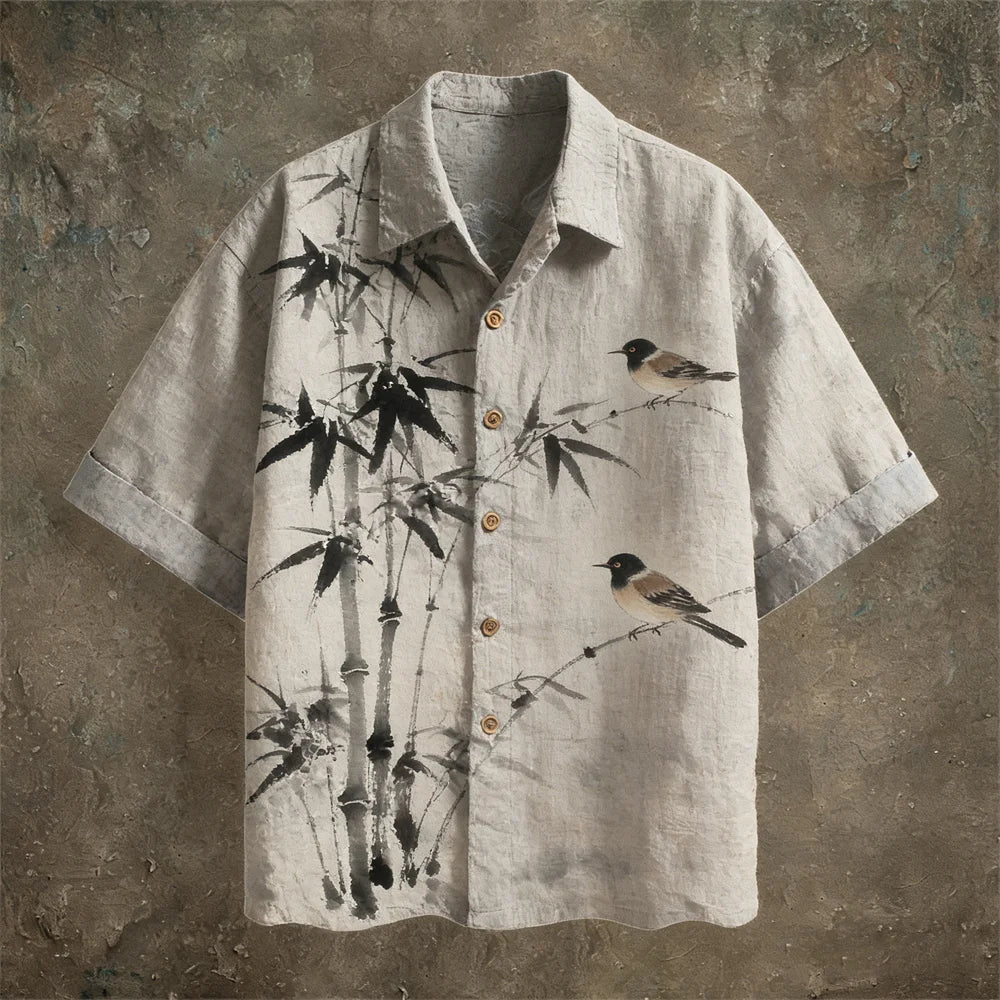 Men's Short Sleeve Shirt – Bamboo & Bird Print, Linen Blend
