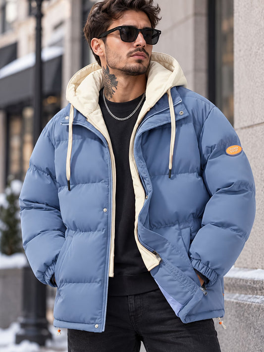 Men's Hooded Puffer Jacket – Quilted Winter Coat with Contrast Lining