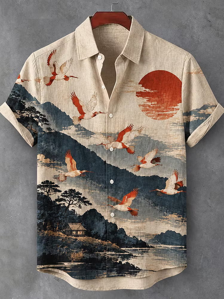 Men's Shirt – Scenic Print, Short Sleeve Button-Up