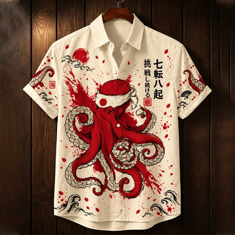 Men's Button-Up Shirt – Octopus Print, Short Sleeve