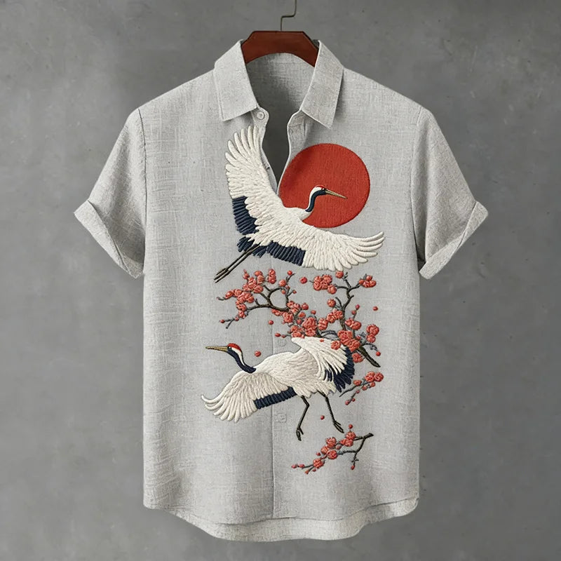 Light gray linen shirt with embroidered cranes, cherry blossoms, and red sun