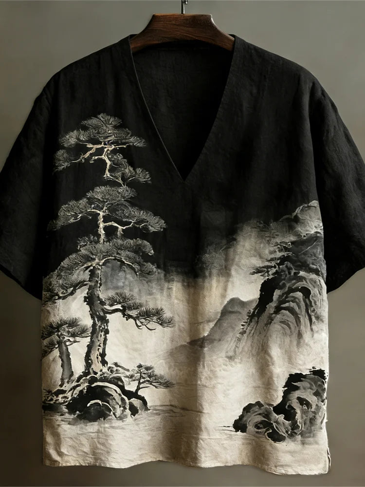 Men's V-Neck Shirt – Landscape Print, Short Sleeve