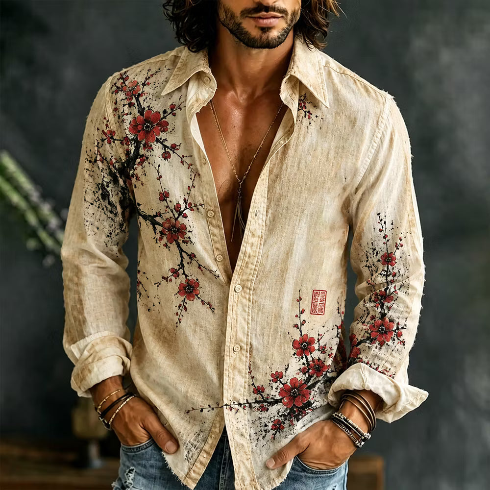 Men's Long Sleeve Shirt – Floral Print, Button-Down