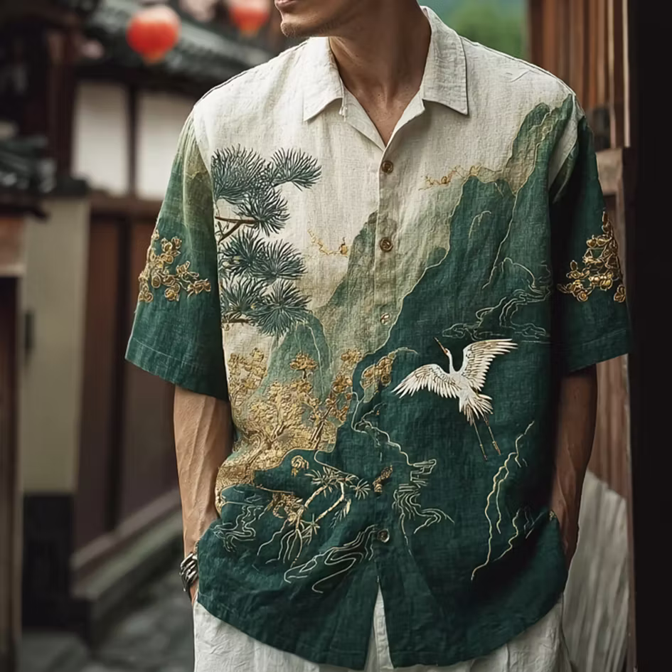 Men's Shirt – Scenic Landscape Print, Short Sleeve