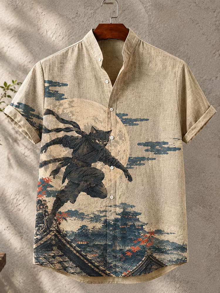 Men's Short Sleeve Shirt – Cat Ninja Print, Mandarin Collar