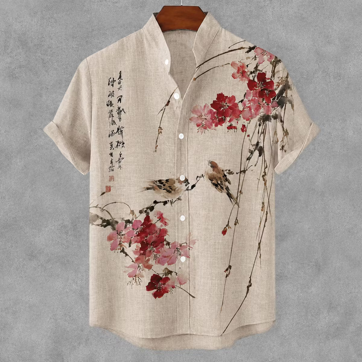 Men's Shirt – Mandarin Collar, Bird & Floral Print