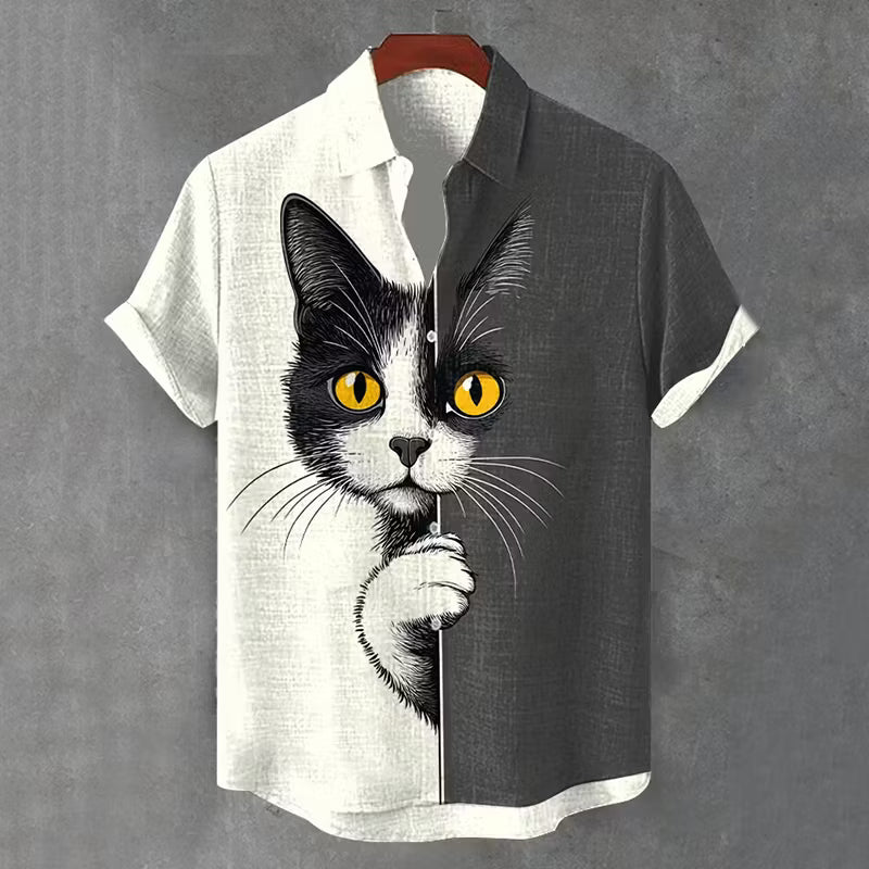 Men's Casual Shirt – Split Cat Print, Short Sleeve